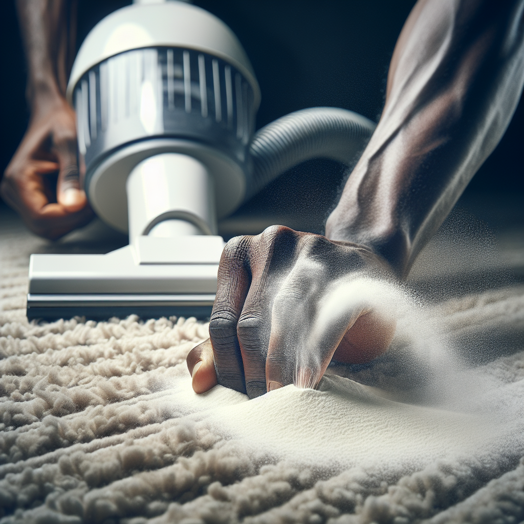 A close-up shot of hands actively sprinkling a white powder, like baking soda, evenly over a textured carpet. In the background, slightly out of focus, is the clean nozzle of a vacuum cleaner, ready for the next step. The image emphasizes thorough deep cleaning and the practical application of odor-removing remedies.
