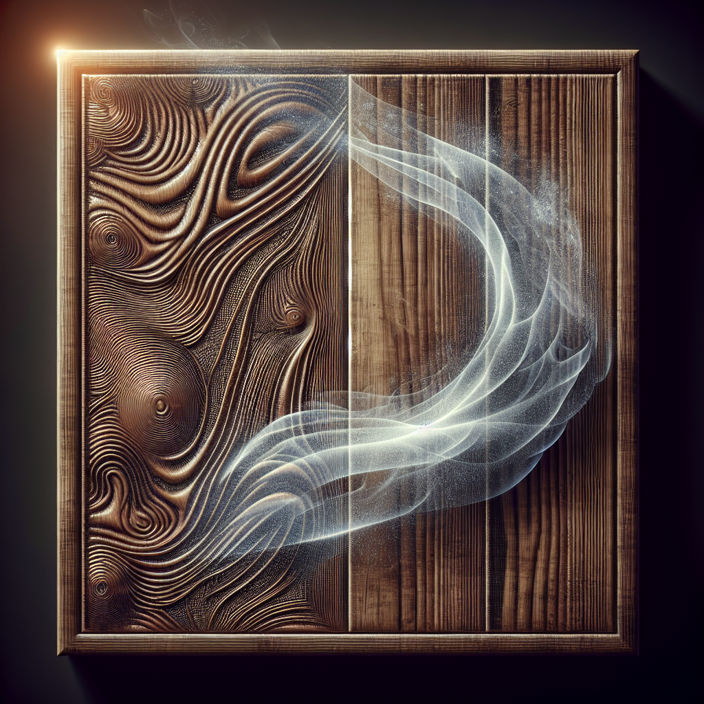 A detailed close-up of a vintage, dark wooden cabinet panel, with a subtle, wispy smoke aura visually lingering on and around its surface, symbolizing embedded odor. The wood grain shows its porous texture. Atmospheric lighting, high detail, realistic photography, conveying a persistent problem.
