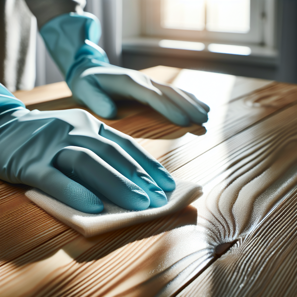 Close-up of hands wearing light blue protective gloves, gently wiping a clean, revitalized wooden surface with a soft white cloth. The wood grain is clear and looks fresh, reflecting bright natural light from an open window in the background. A sense of cleanliness and airiness prevails, symbolizing successful odor removal. High detail, realistic photography.