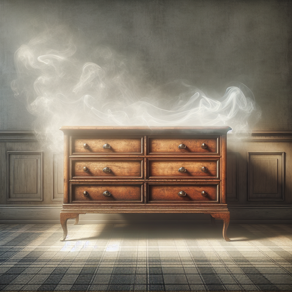 A classic antique wooden chest of drawers, slightly faded, with a very subtle, almost translucent wisp of smoke lingering around it, suggesting a persistent smell. The background is muted, perhaps an indoor setting with a hint of staleness. Emphasize the texture and grain of the wood. Realistic, soft lighting.