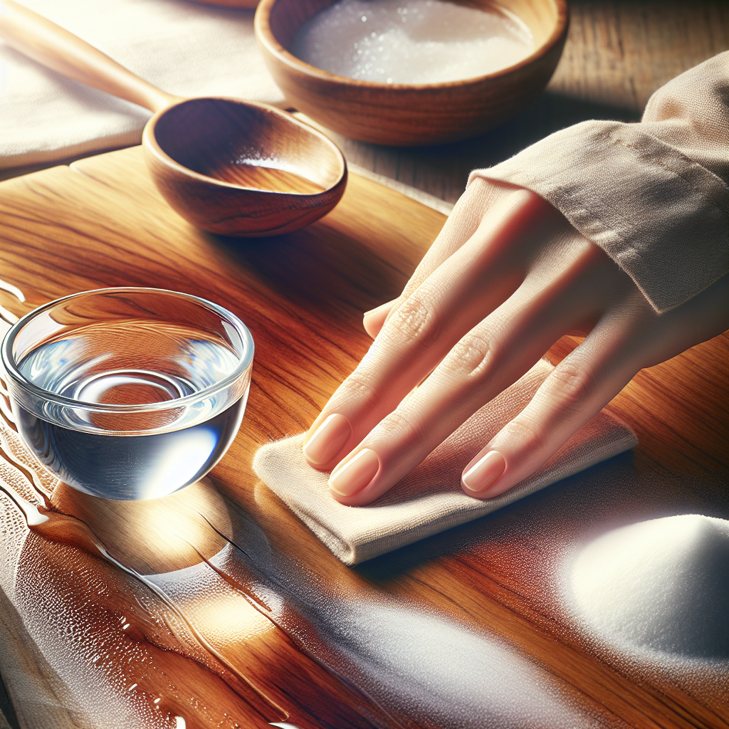 A bright, clean image of a hand gently wiping a polished wooden surface with a damp cloth. In the background, out of focus, a small ceramic bowl with a clear liquid (vinegar water) and a small pile of white powder (baking soda). The scene is bathed in natural, fresh light, conveying cleanliness and renewal. Realistic, soft focus on the hand and wood.