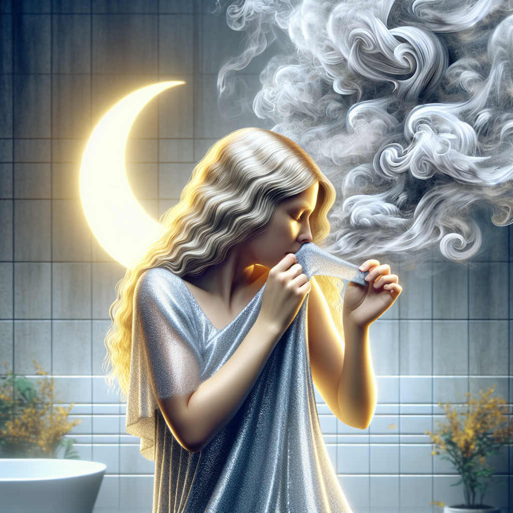 A person with a slightly self-conscious expression, gently smelling their hair or clothing. Subtle, translucent wisps of grey smoke visually cling to them, indicating an unwanted odor. The background is a clean, bright, and minimalist bathroom with soft, natural light, hinting at the desire for freshness and renewal. Realistic, high-detail photograph.