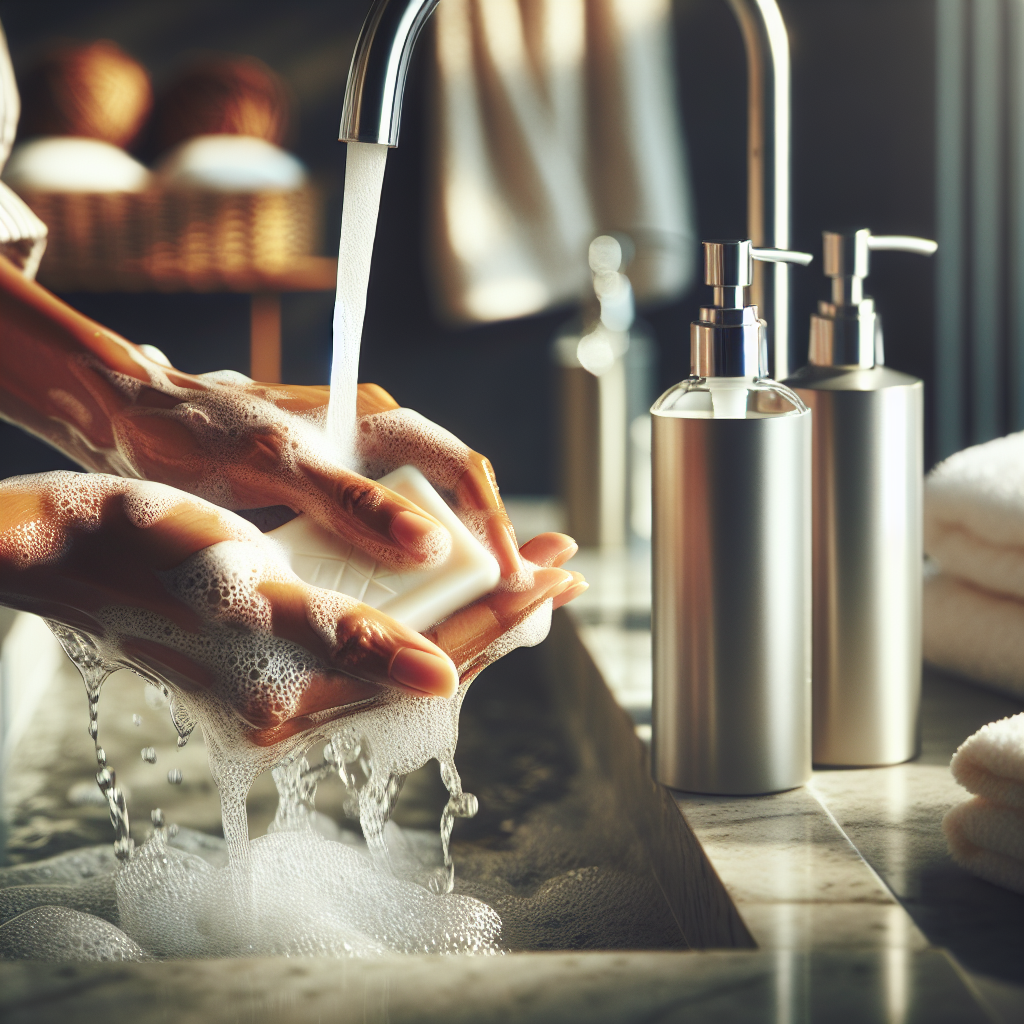 A close-up shot of hands vigorously washing under clear, flowing water, creating rich white lather from a bar of fresh-scented soap. In the background, slightly out of focus, are bottles of modern, clean-looking shower gel and a fluffy white towel. The scene emphasizes cleanliness, freshness, and the active removal of unpleasant odors. Bright, airy, and inviting. Realistic, high-detail photograph.