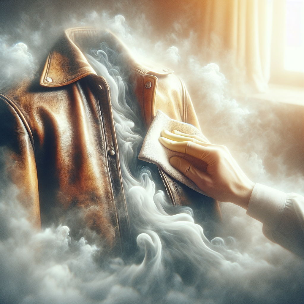A stylish vintage leather jacket emitting a subtle, translucent smoky aura, with a person's hand gently wiping a section of it with a soft, clean cloth. The background is a bright, airy room with natural light, emphasizing the process of purification and restoration. Realistic, high detail.