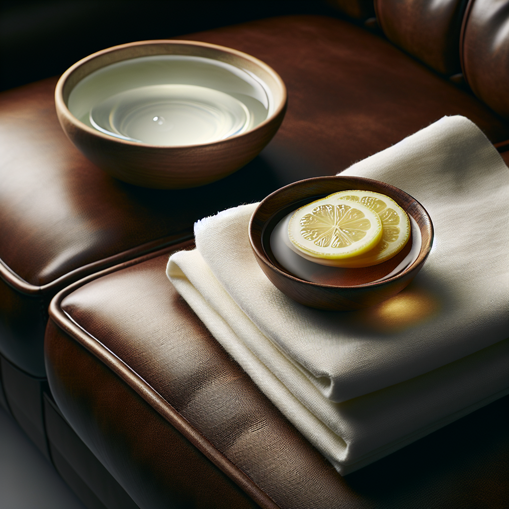 A close-up shot of a rich brown leather sofa surface, next to a small ceramic bowl containing a clear liquid (implying a cleaning solution like vinegar) and a fresh lemon slice. A clean, folded white cloth rests beside the bowl, ready for use. The focus is on natural home remedies for cleaning, with a soft, clean aesthetic. Studio lighting.