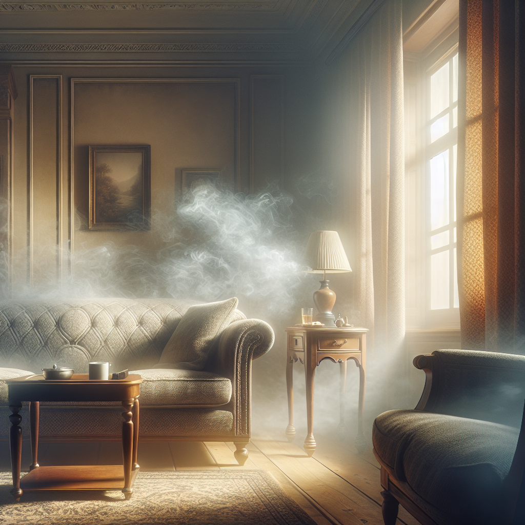 A cozy yet slightly melancholic living room scene, with an elegant, upholstered sofa and wooden side table. A very subtle, almost imperceptible haze or a filtered, dim light suggests a lingering, stale smoke odor without showing actual smoke or cigarettes. The room feels lived-in but heavy. Photorealistic, soft focus on the atmosphere, warm but muted color palette.