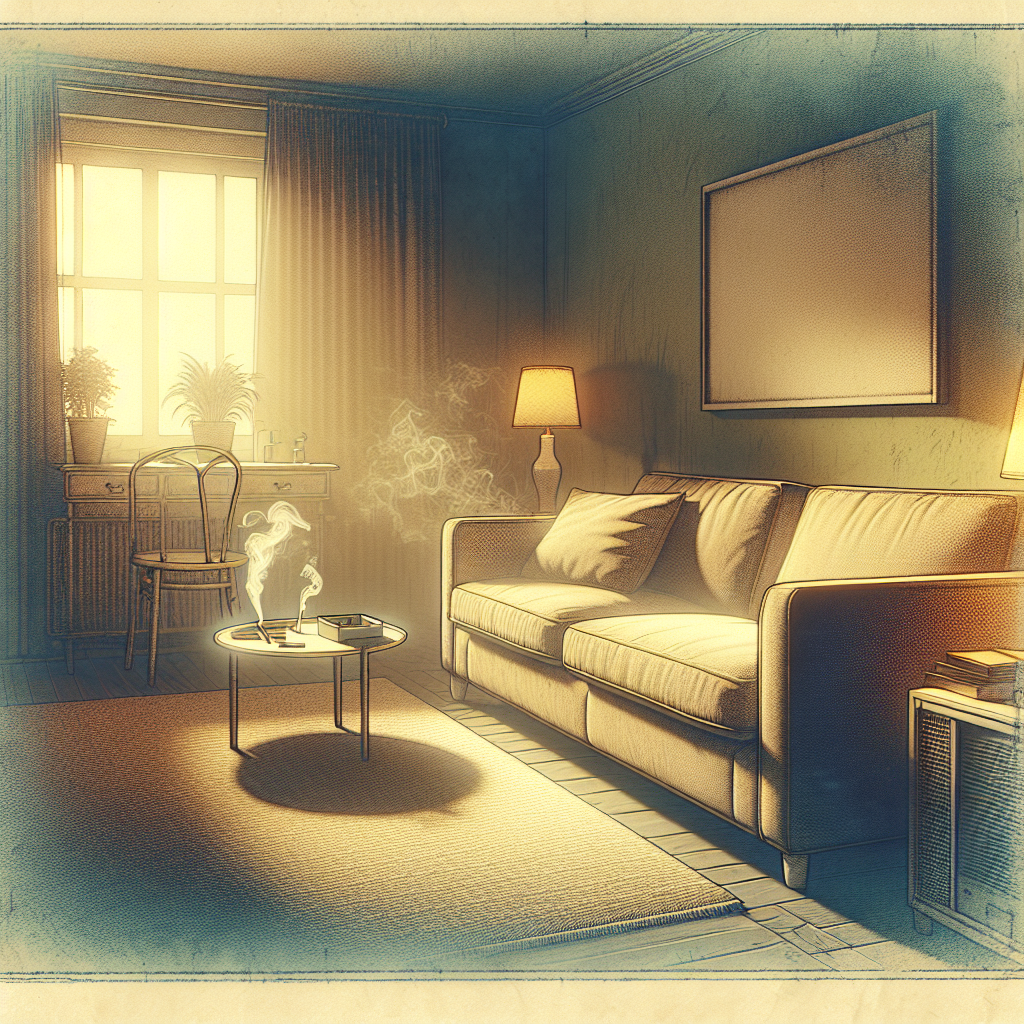 A cozy living room scene with an upholstered sofa or armchair that subtly conveys a lingering, stale cigarette smoke odor through a slightly muted, yellowish color palette and a soft, atmospheric haze. A window is slightly ajar in the background, suggesting an attempt at ventilation. Realistic photo, interior design, moody lighting.