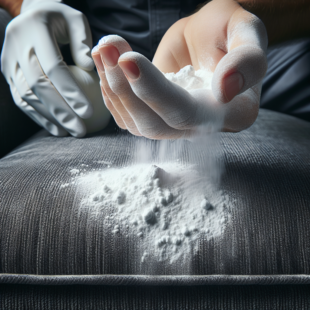 Close-up, overhead shot of a person's hands gently sprinkling a generous amount of white baking soda powder over the dark fabric upholstery of a sofa or armchair. The baking soda forms a visible, even layer on the fabric. The setting is bright and clean, emphasizing a proactive cleaning process. High-detail, photorealistic, focus on the texture of the fabric and powder.