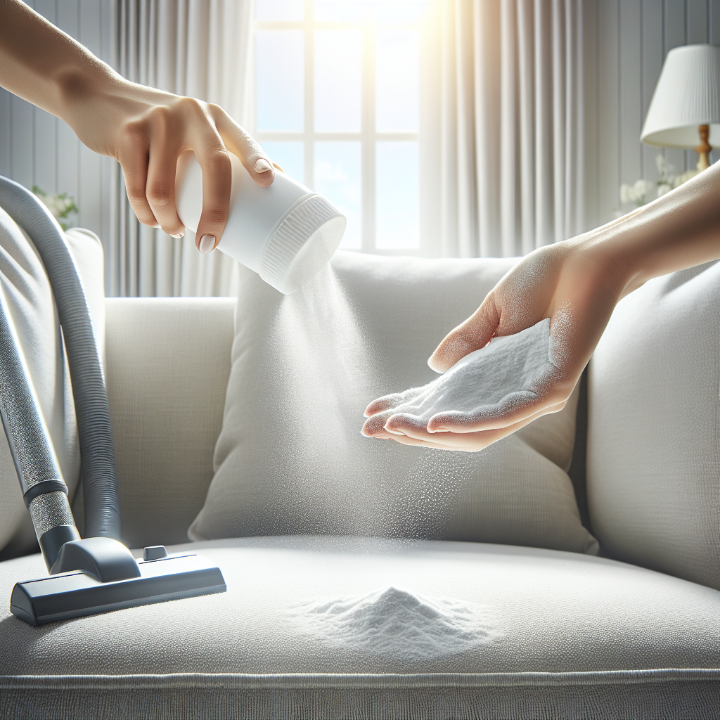 A person's hands gently sprinkling a fine white powder (representing baking soda) evenly over a clean, light-colored upholstered sofa. The room is bright and airy, with natural light streaming in, emphasizing freshness and cleanliness. A vacuum cleaner nozzle is visible nearby, ready for the next step. Realistic photo, bright and clean aesthetic, domestic setting.