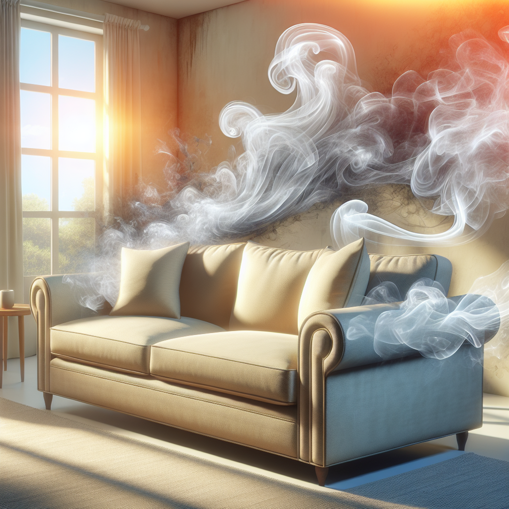 A comfortable, light-colored sofa in a well-lit living room. A very subtle, almost translucent grey haze or abstract swirling lines emanate from the sofa cushions, representing a lingering smoke smell. A window in the background is slightly ajar, suggesting ventilation. Realistic, bright photography style.