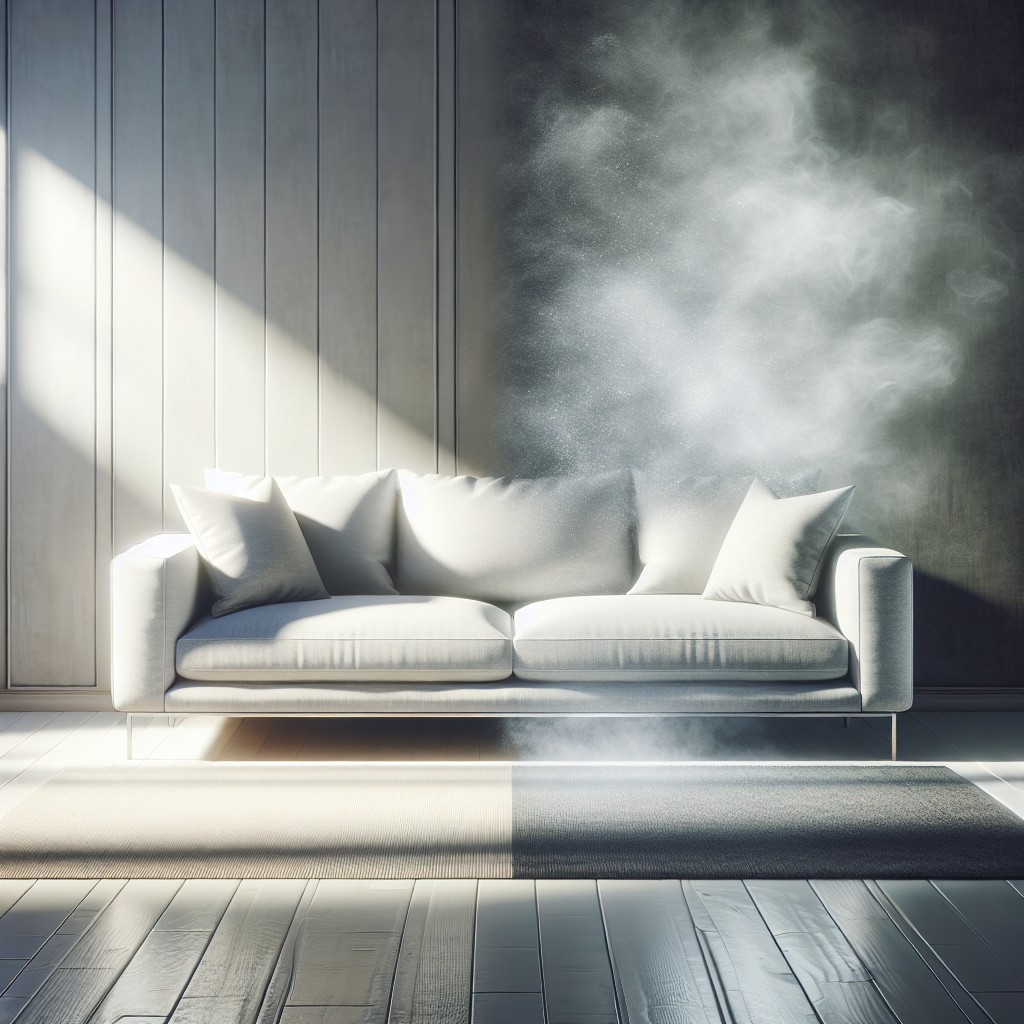 A comfortable, modern sofa in a well-lit living room. One half of the sofa is subtly enveloped in a faint, light grey smoke haze, representing persistent odor, while the other half is strikingly clean, bright, and radiating a feeling of freshness, perhaps with soft, glowing particles suggesting a pleasant scent. The image visually contrasts stale vs. fresh, clean.