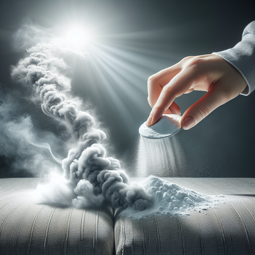 A detailed, clean shot of a hand gently sprinkling a fine white powder (representing baking soda or Natron) over the upholstery of a fabric sofa. In the background, wisps of faint grey smoke are dissipating into clear, clean air, symbolizing the absorption and neutralization of smoke smell. The scene is bright and emphasizes the natural cleaning process.