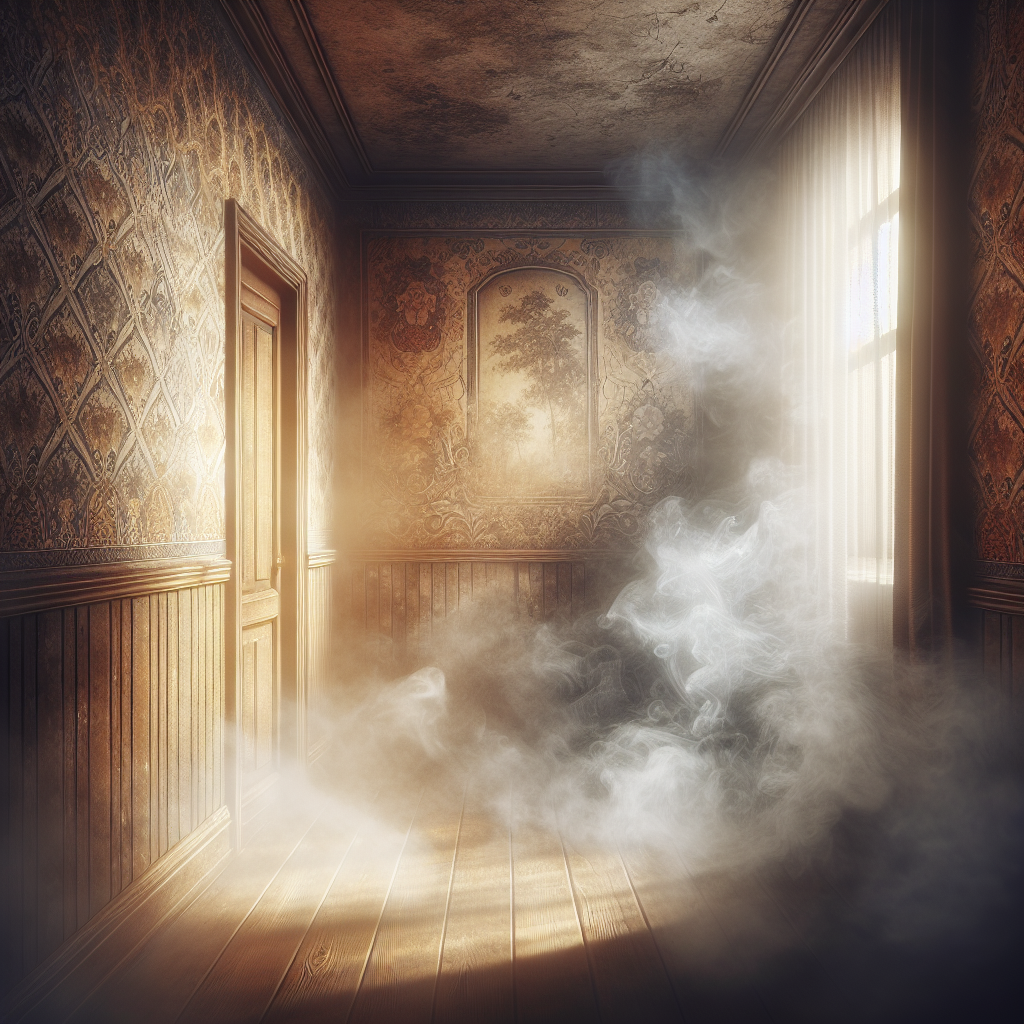 A close-up, realistic photograph of old, discolored wallpaper in a dimly lit room. The wallpaper shows yellowing and faint stains, with subtle wisps of smoke lingering, conveying a strong, unpleasant smoke odor and a stale atmosphere.