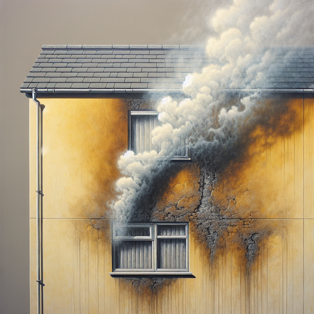 A close-up shot of a residential wall, showing visible yellow-brown smoke stains and discoloration. A faint, unpleasant haze of smoke subtly lingers in the air near the wall, conveying a persistent, unpleasant odor. The overall color palette is muted and dingy, highlighting the problem of stubborn smoke smell.