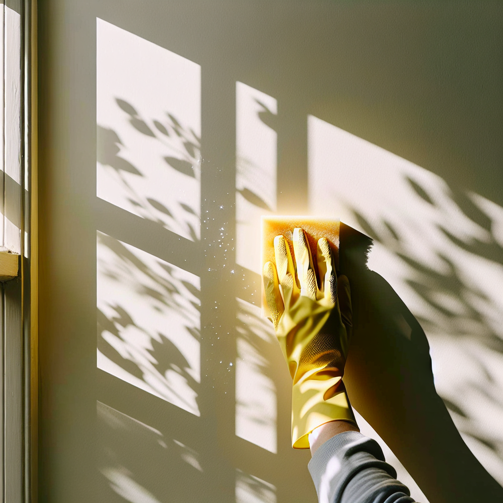 A bright, clean, and fresh-looking interior wall, with sunlight streaming in through a partially open window. A hand wearing a yellow rubber cleaning glove is gently wiping a small section of the wall with a wet sponge, leaving a sparkling clean patch. The room feels airy and renewed, symbolizing the successful removal of smoke odor and a return to freshness.