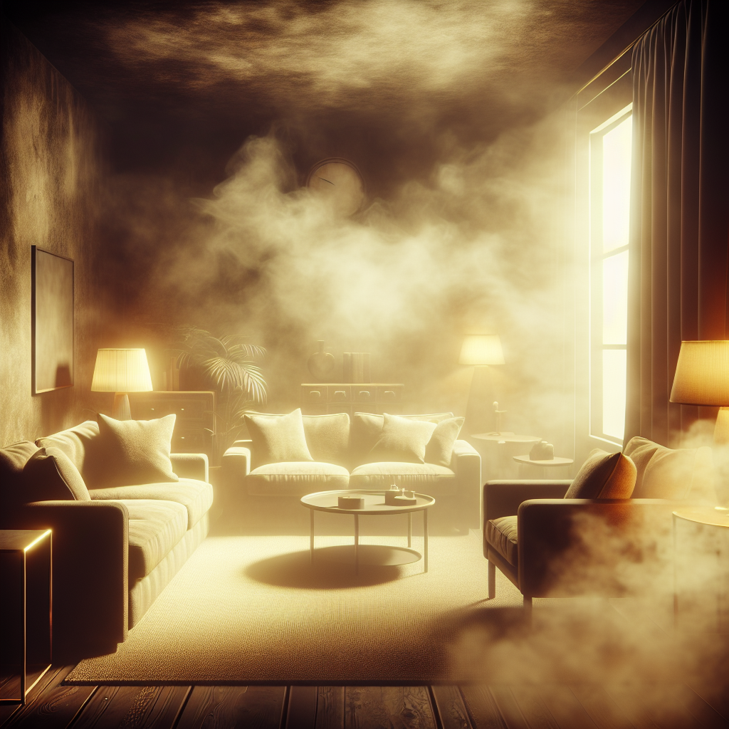 A dimly lit, slightly hazy living room with a pervasive, stale smoke smell. The air feels heavy and uninviting. Furniture and textiles appear dull, capturing the lingering odor. A subtle yellowish tint to the room suggests the long-term presence of smoke. Realistic, atmospheric.