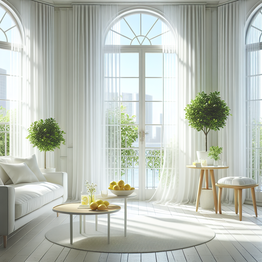 A bright, airy living room with wide-open windows, allowing fresh air and natural light to stream in. White sheer curtains billow gently. The room is clean and inviting, with a sense of crispness. On a table, a bowl of fresh lemon slices and a small plant symbolize natural freshness. The overall atmosphere is light, clean, and pleasant. Realistic, vibrant.