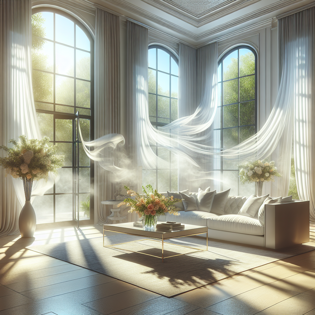 A bright, modern living room with large windows wide open, allowing a strong breeze and abundant natural light to stream in. Curtains billow gently, and a vase of fresh flowers sits on a table, symbolizing a successful effort to remove unpleasant smoke smell and create a fresh, clean atmosphere. The room feels airy, pristine, and inviting.