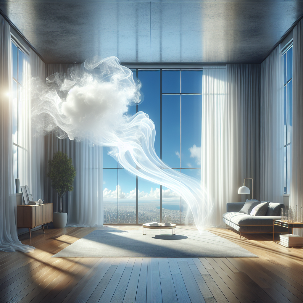 An inviting, modern apartment living room bathed in natural sunlight. Wide-open windows reveal a clear blue sky, and a gentle breeze makes sheer white curtains billow. In the foreground, a faint, almost transparent wisp of smoke is visibly being swept out, replaced by a symbolic, glowing wave of fresh, clean air that fills the room, representing renewal and purity. No people.