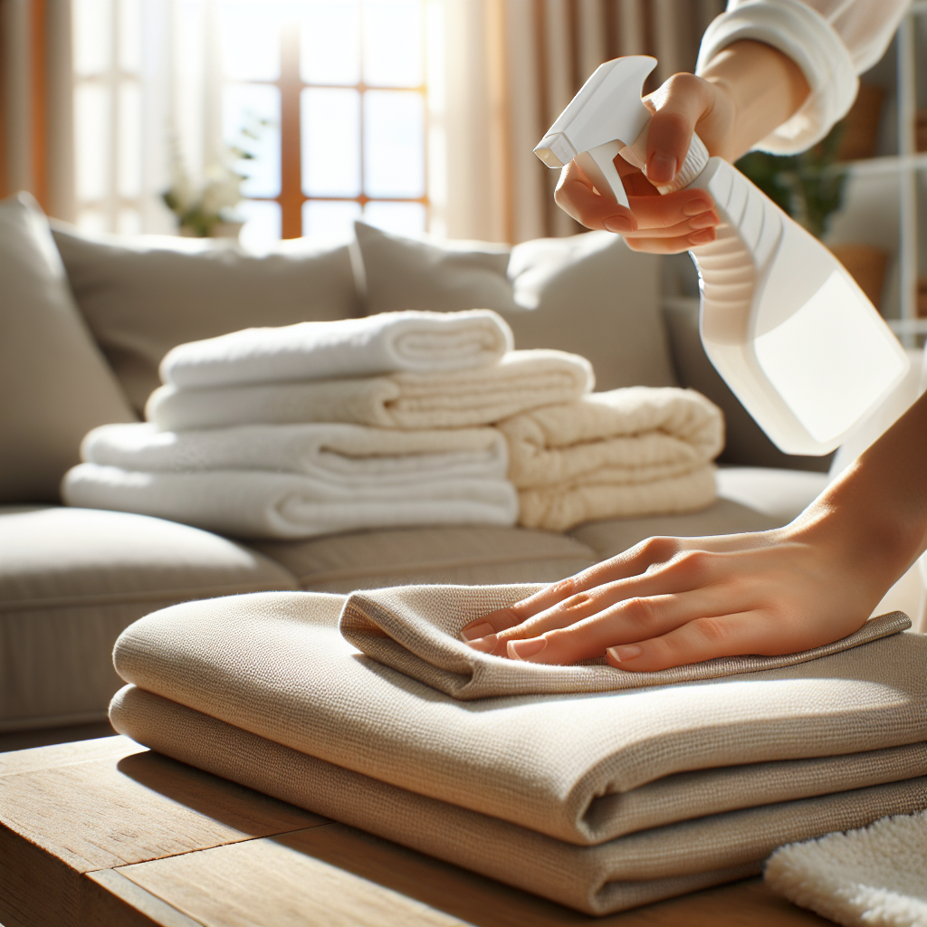 A detailed, close-up shot of a hand using a spray bottle and a clean microfibre cloth to wipe down a section of a light-colored fabric sofa. In the soft-focus background, a pile of freshly washed, bright white textiles (curtains, towels) is neatly folded on a table near an open window, suggesting thorough cleaning and renewed freshness. The scene is bright and emphasizes cleanliness.