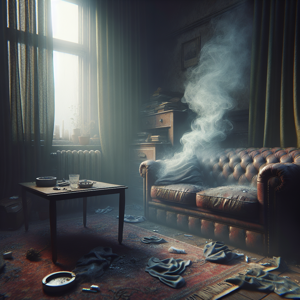 A dimly lit, slightly cluttered living room with heavy curtains, depicting a stale, lingering smoke smell. A barely visible, ethereal wisp of smoke seems to cling to the upholstery and drapes, creating an uncomfortable atmosphere. An old, forgotten ashtray sits on a coffee table. The overall color palette is muted and somewhat depressing, emphasizing the persistent odor. Photorealistic.