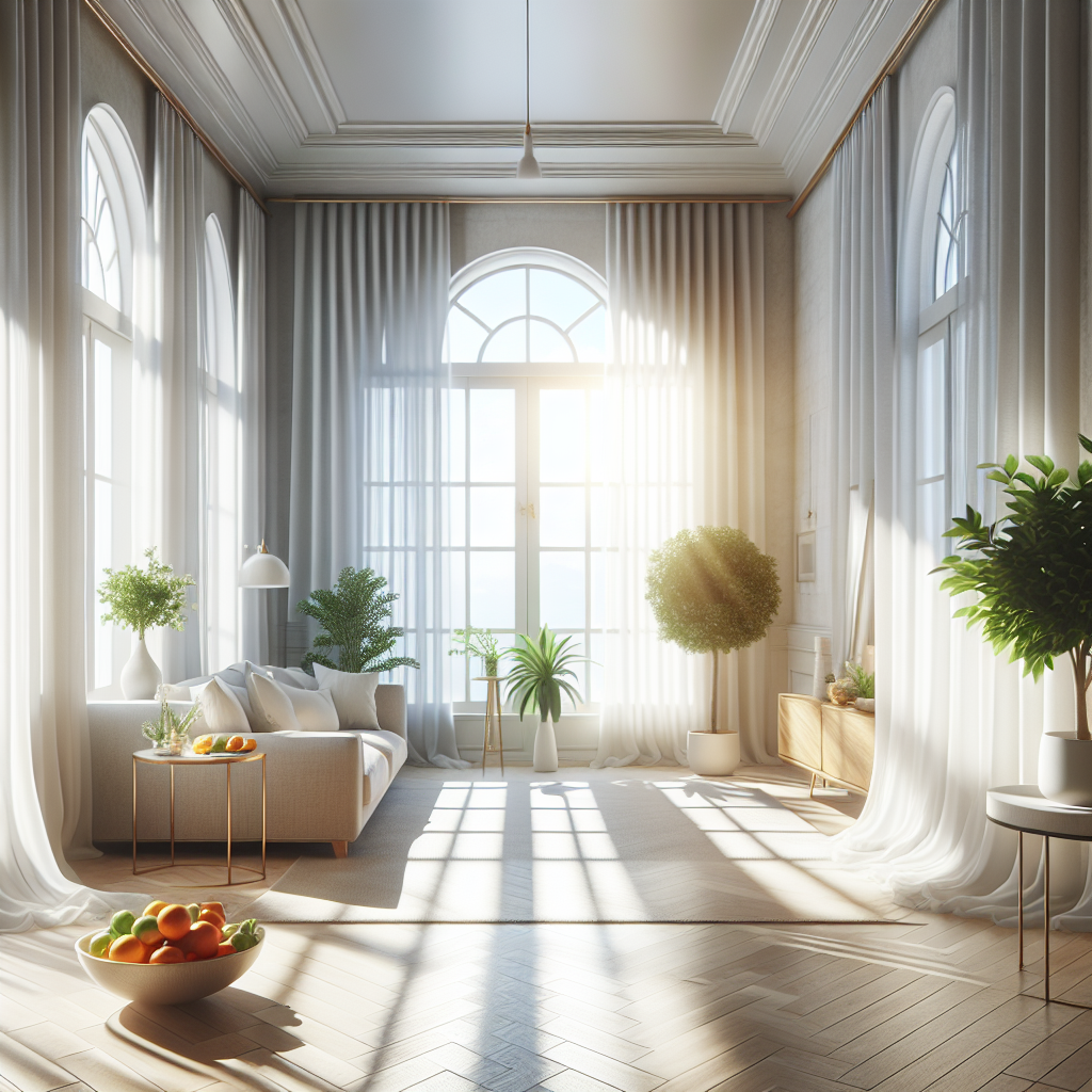 A beautifully clean and brightly lit living room, with wide-open windows letting in abundant natural light and fresh air. Sheer, white curtains billow gently in the breeze. The room is impeccably tidy, featuring fresh green plants and a bowl of citrus fruits on a table, symbolizing a clean, fresh scent. The overall aesthetic is one of airy lightness, purity, and a refreshing new beginning, completely free of any unpleasant odors. Photorealistic.