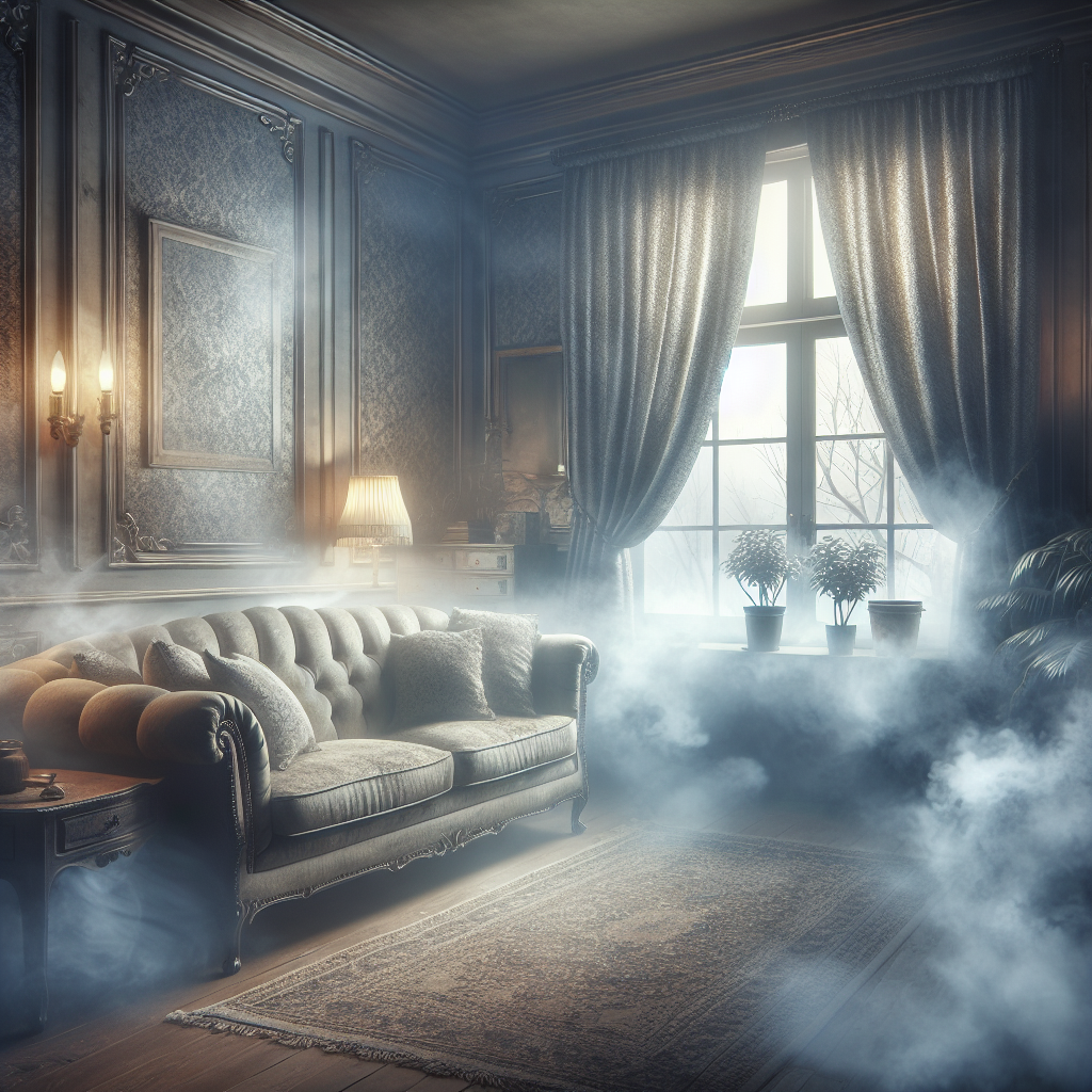 A cozy living room with a subtle, almost visible grayish haze lingering in the air, softly clinging to the fabric of an old sofa and heavy curtains. A window is partially open, but the atmosphere feels stale and heavy, conveying a persistent, unpleasant smoke odor. Realistic photograph, atmospheric lighting.