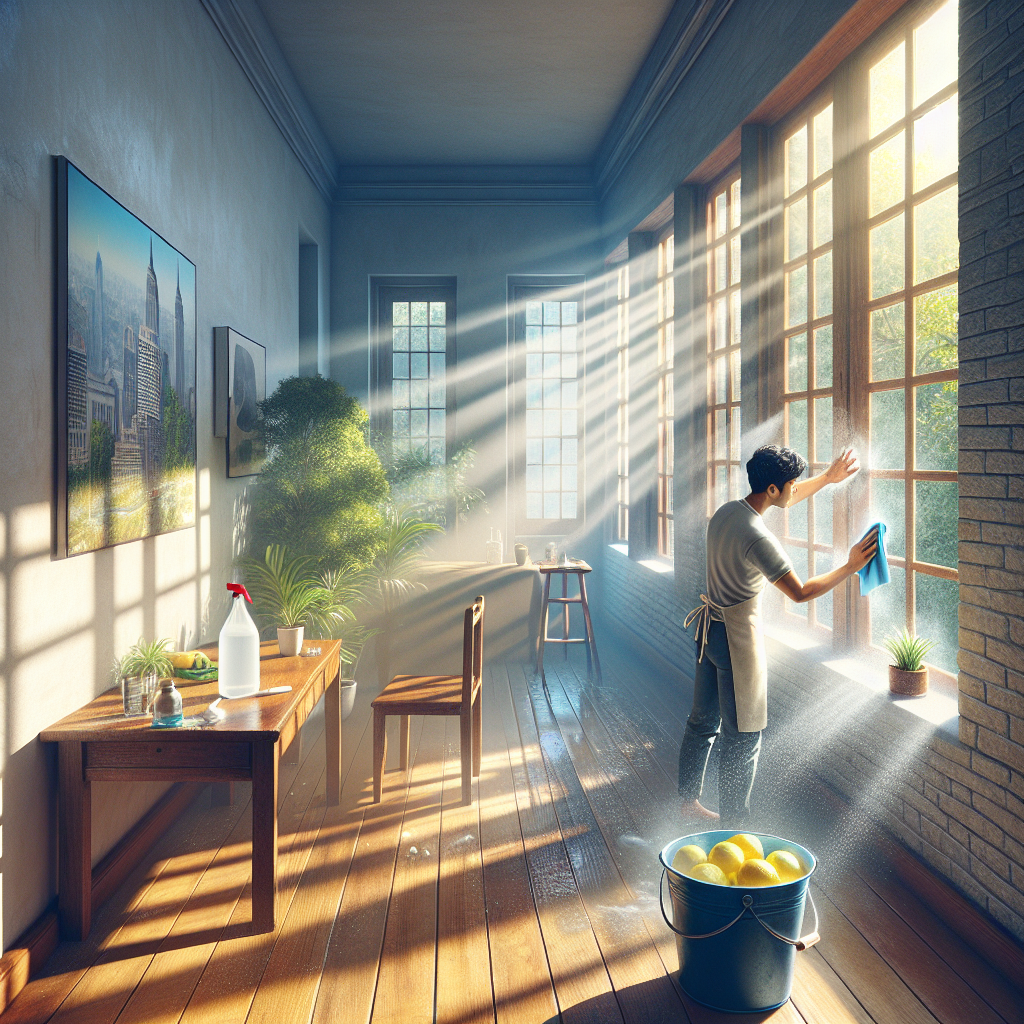 A bright, clean indoor room, with fresh air and sunlight streaming through a wide-open window. A person is actively wiping down a wall or wooden furniture with a cloth, next to a bucket containing natural cleaning supplies: a bottle of white vinegar and fresh lemon slices. The overall scene evokes a sense of renewal, cleanliness, and the successful removal of unpleasant odors. Realistic photograph.