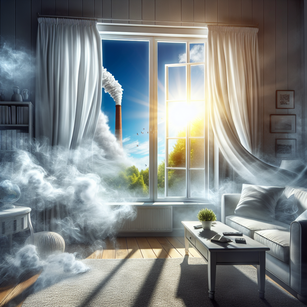 A cozy living room with a slight, almost invisible haze representing stale air or lingering smoke odor. A wide-open window reveals a clear, sunny sky, and a strong breeze is visibly entering the room, making white curtains billow dynamically. The scene illustrates intense ventilation bringing fresh air into a previously stuffy space. Realistic photography style.