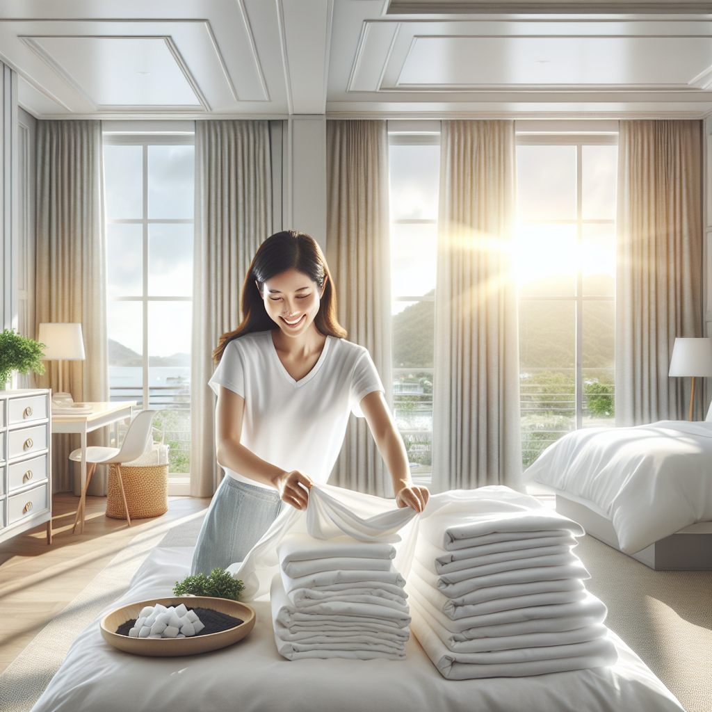 A bright, meticulously clean bedroom bathed in warm sunlight, completely free of any smoke odor. A person is smiling while folding freshly laundered, white textiles like curtains or bed linen. The room feels airy and fresh, with an open window in the background and a subtle hint of natural cleaning elements (e.g., a small bowl of activated charcoal or a plant). Realistic photography style.