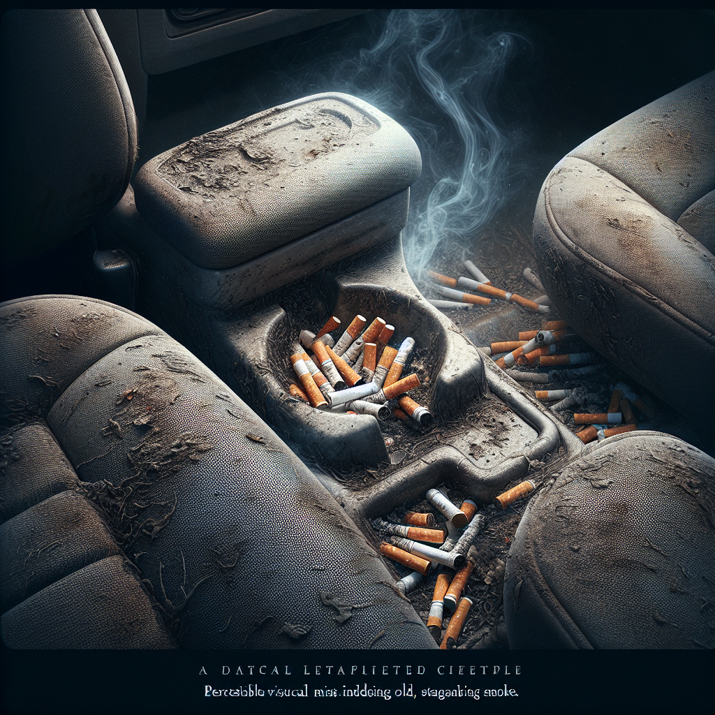 A gritty, close-up shot of a neglected car interior with an overwhelming smoke smell. An old ashtray filled with cigarette butts, dull, slightly stained fabric seats, and a subtle visual haze indicating stale smoke. Dark and unpleasant atmosphere, emphasizing the lingering odor.