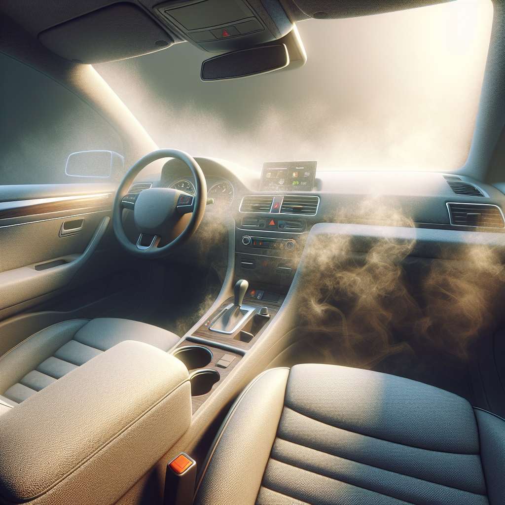 A detailed, realistic photo of a car interior with visible, lingering smoke residue and a faint, unpleasant haze permeating the upholstery, dashboard, and ceiling. The lighting is slightly dim, emphasizing the persistent, stale smoke smell.