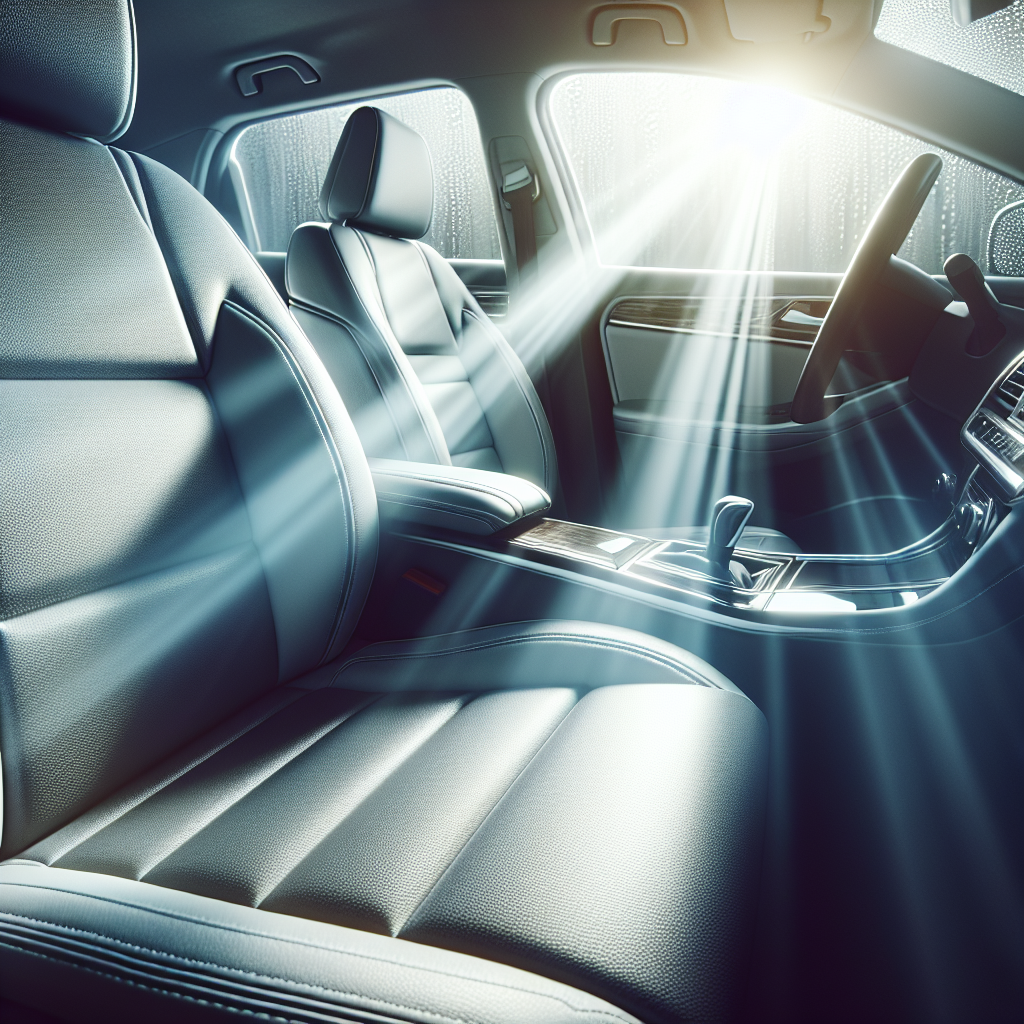 A bright, clean, and fresh car interior, spotlessly pristine with light streaming through the windows. The upholstery and surfaces look revitalized, conveying a strong sense of purified air and a pleasant, inviting atmosphere, free from any odors.
