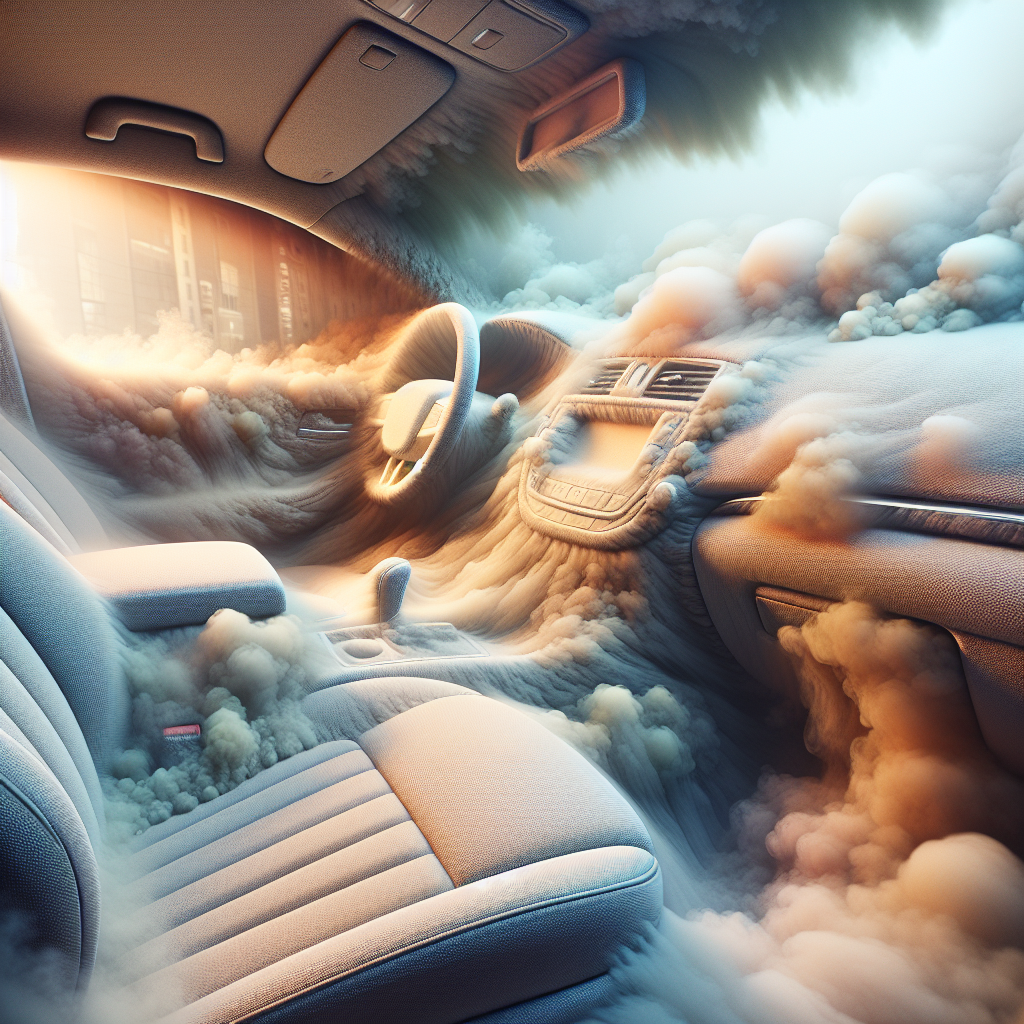 A close-up inside a car interior, depicting a strong, unpleasant smoke smell clinging visibly to the fabric seats and dashboard. The air appears stale and heavy with an invisible, foul odor. Realistic, slightly muted colors, emphasizing the lingering problem.