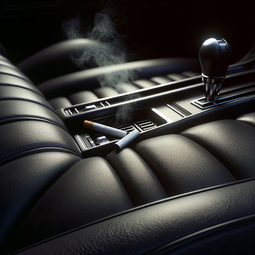 A detailed close-up of a car's dark leather interior, showing subtle, embedded discoloration and a slightly dull appearance on the seats, with faint, almost imperceptible wisps of cigarette smoke lingering in the ambient light. The atmosphere should feel stale and hint at a persistent, unpleasant odor. Realistic, high-resolution photography.