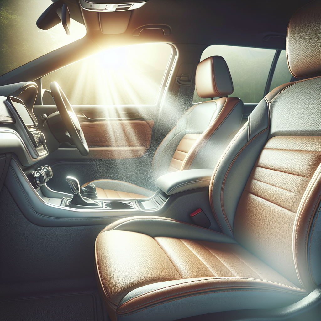 A bright, clean, and fresh car interior featuring pristine, supple leather seats that look perfectly conditioned and restored. Sunlight streams in through an open window, highlighting the airy and inviting atmosphere, symbolizing the complete and successful removal of odors. High-quality, realistic photography.