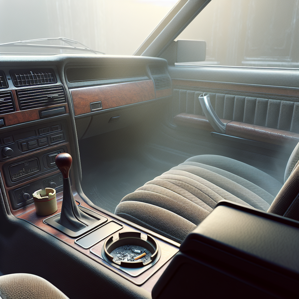 A close-up shot of a car's interior, focusing on the fabric seat and dashboard, depicting a subtle, almost invisible haze or a dull, yellowish tint in the air, conveying the persistent unpleasant smoke smell. An old, forgotten ashtray might be subtly present on the console. The atmosphere feels stale and unwelcoming. Realistic, photography style, muted colors.