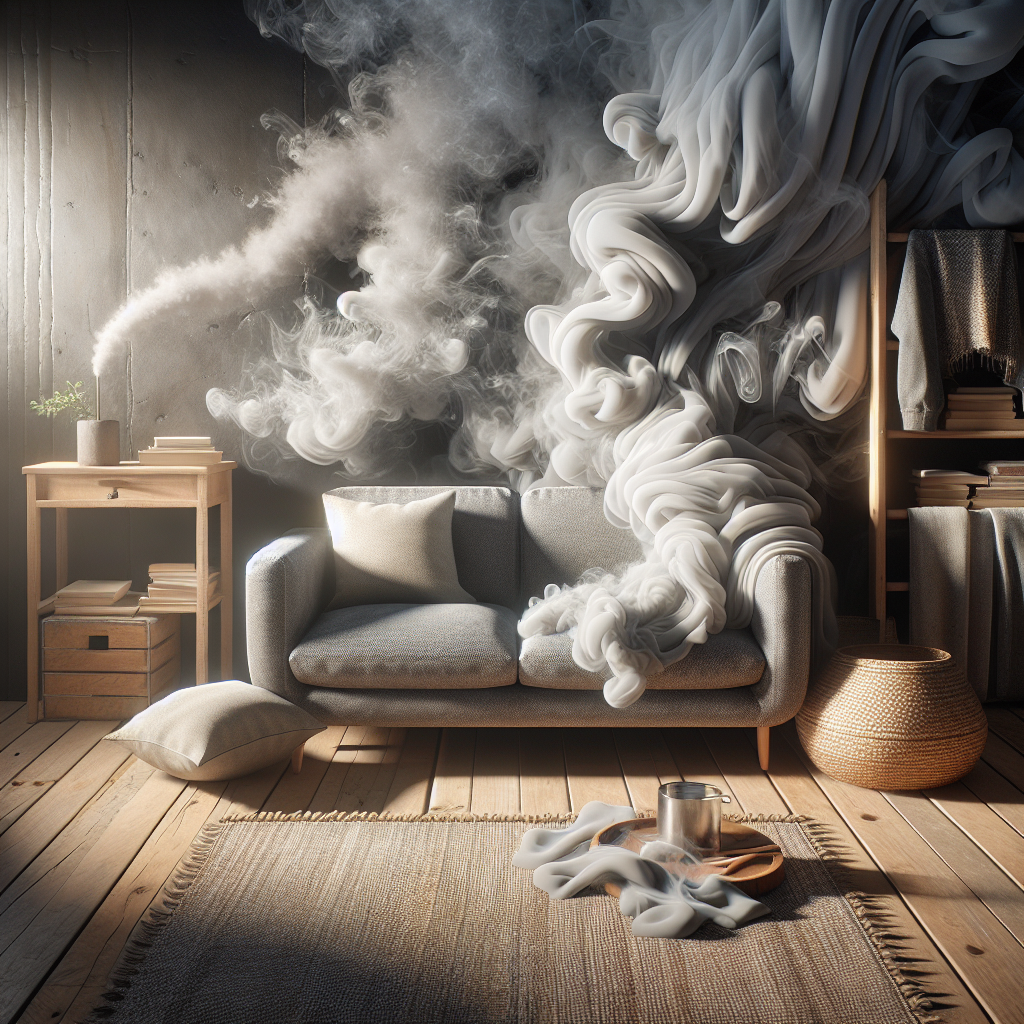 An atmospheric illustration of persistent smoke odor clinging to various household items in a slightly dim, cozy room. Wisps of grey, translucent smoke are visibly embedded and spiraling around a fabric sofa, a wooden shelf with books, and a woven rug. The smoke should appear almost tangible, highlighting its stubbornness, with a subtle hint of unease or unpleasantness in the overall mood. Realistic, detailed, and slightly dramatic lighting.