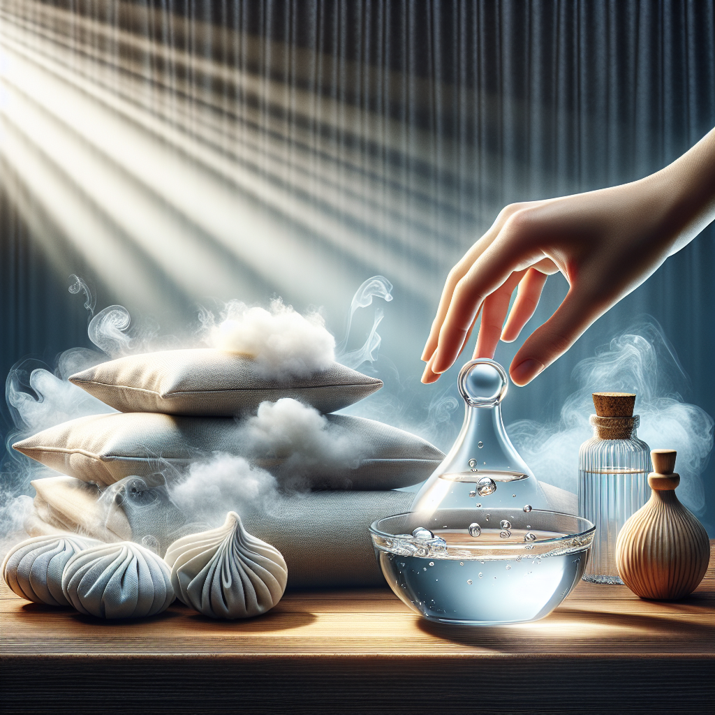 A bright, clean image showcasing the act of removing smoke odor. A hand is gently placing a small, transparent bowl filled with clear white vinegar on a clean wooden table. Next to the bowl, there's a fresh-looking, light-colored fabric cushion or a small, neatly rolled rug, hinting at items being treated. The background should be airy and sunlit, evoking a sense of freshness, cleanliness, and the successful neutralization of unpleasant smells. Realistic, modern, and serene lighting.