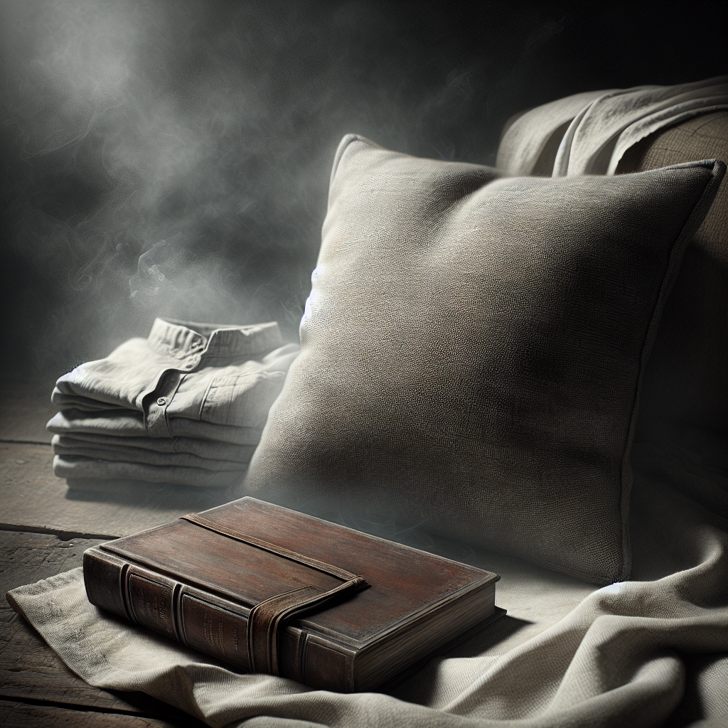 A close-up, slightly moody shot capturing various everyday household items like a fabric cushion, a wooden book, and a folded shirt, with a very subtle, almost translucent haze of smoke lingering around them. The atmosphere is a bit muted, emphasizing the unpleasant and persistent smell of smoke. Realistic, detailed, shallow depth of field.