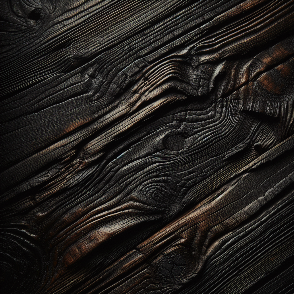 A close-up, high-detail shot of a dark, rustic wooden surface, like an old floorboard or a section of vintage furniture. The wood shows visible grain and slight signs of age, with a subtle, almost imperceptible dark tint or slight discoloration embedded in its pores, suggesting a deep-seated, lingering smoke odor. The lighting is natural but slightly muted, conveying a sense of a persistent problem. Realistic photography.