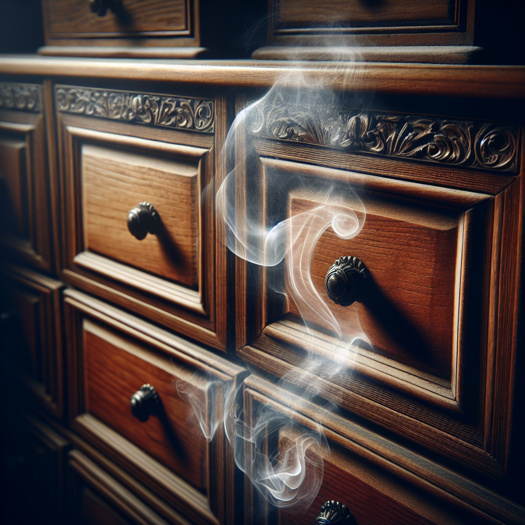 A close-up shot of an antique wooden chest of drawers, showing rich, detailed wood grain. A subtle, transparent, ghostly wisp of smoke gently rises from the wood surface, symbolizing a persistent smoke odor trapped within. The lighting is soft and slightly subdued, emphasizing the texture of the wood and the challenge of the scent. Photorealistic, high detail.