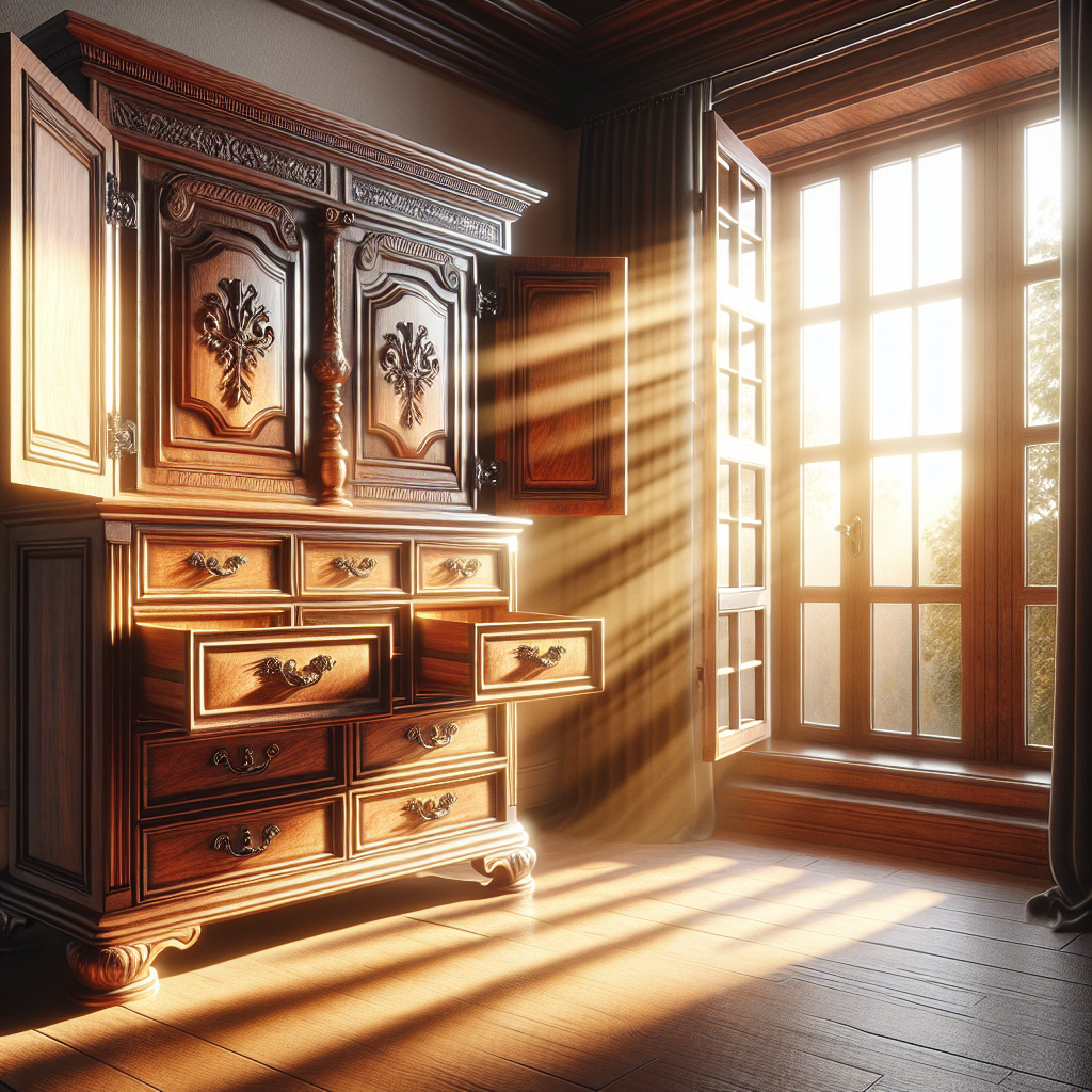A beautifully crafted antique wooden cabinet with open doors and drawers, placed near an open window on a sunny day. A gentle breeze is suggested, with sunlight streaming in, symbolizing ventilation and the gradual removal of a lingering smoke smell. The wood grain is rich and detailed, conveying a sense of history while hinting at a renewed freshness. Realistic, warm lighting.