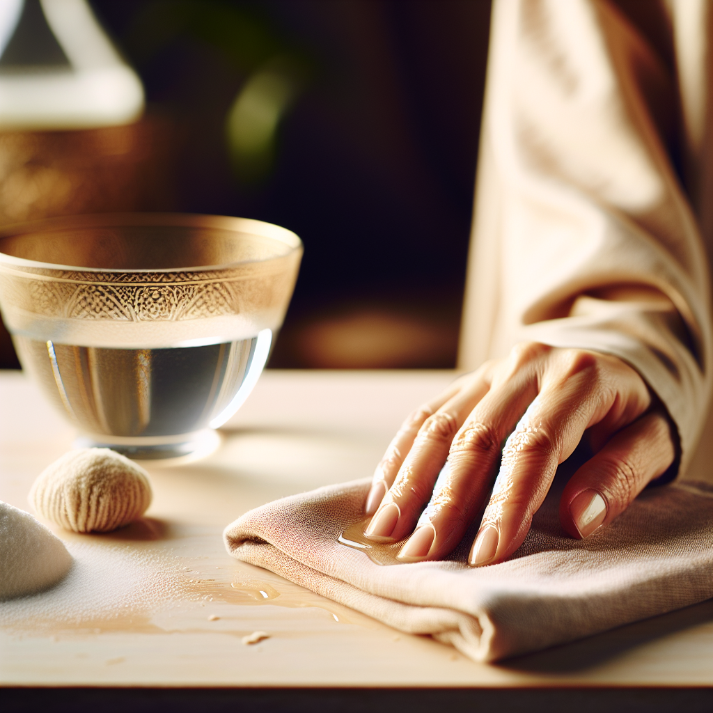 A close-up, high-angle shot of a hand gently wiping a smooth, light-colored wooden surface with a damp cloth, leaving a slightly moist sheen. In the softly blurred background, a bowl of clear liquid (representing vinegar water) and a small pile of white powder (representing baking soda) are subtly visible, indicating natural cleaning solutions. The scene is bright, clean, and emphasizes the process of neutralizing odors. Realistic, bright studio lighting.