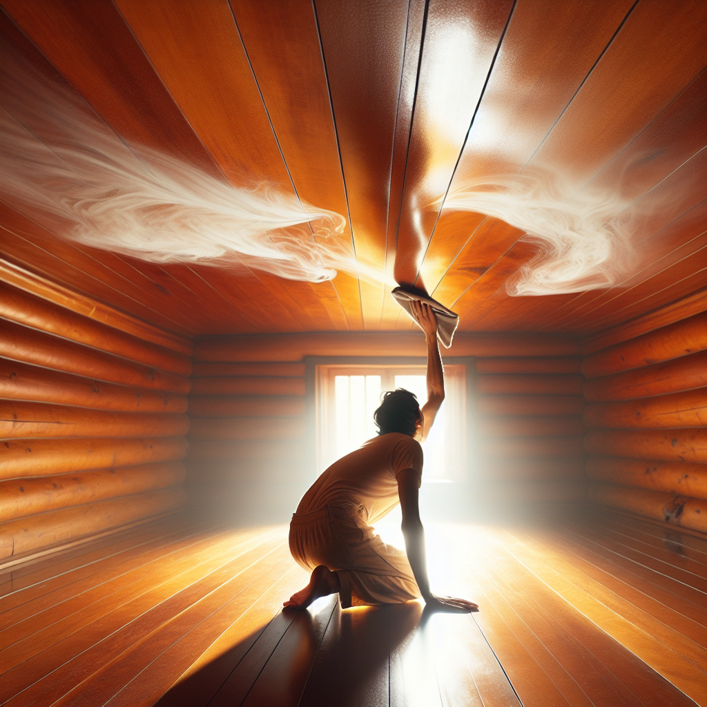 A person, seen from the back or side, diligently cleaning a warm, natural wooden ceiling with a cloth. A faint, almost invisible wisp of smoke visually dissipates from the cleaned section, symbolizing odor removal. The room is bright and clean, emphasizing restoration.