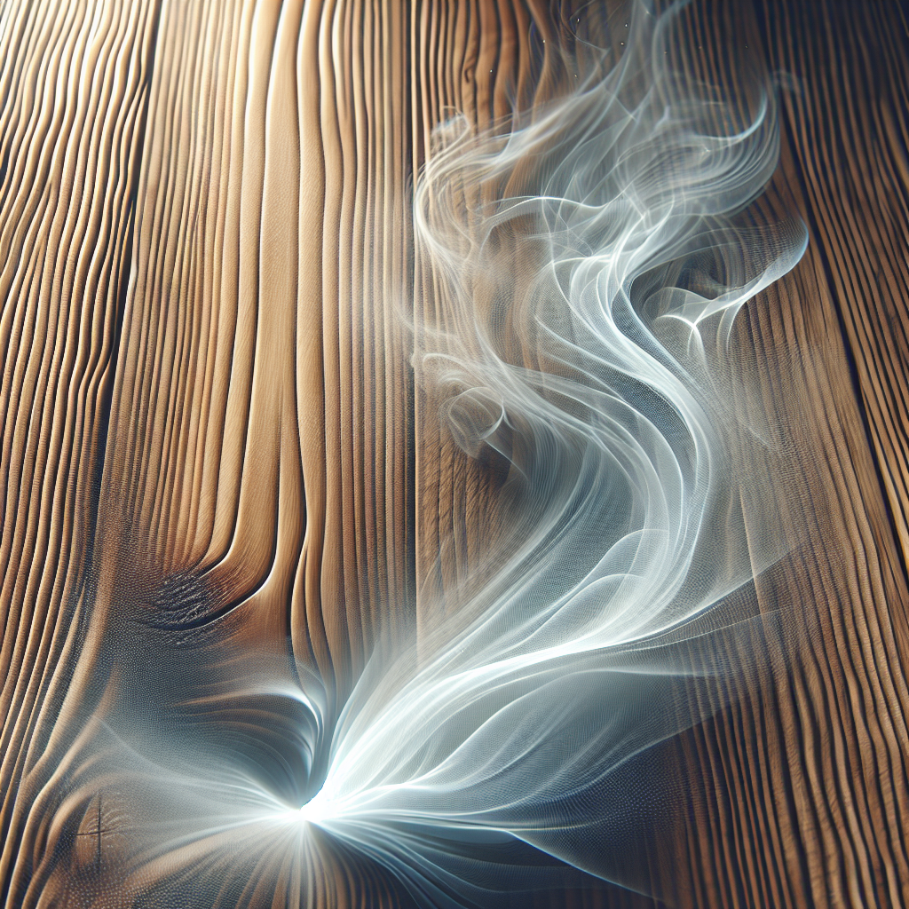 A detailed close-up shot of a wooden ceiling's texture and grain. Subtle, translucent tendrils of smoke are depicted as if trapped within the wood's pores, with a soft, glowing light emanating from the wood, symbolizing purification and the release of the odor. Atmospheric and clean aesthetic.