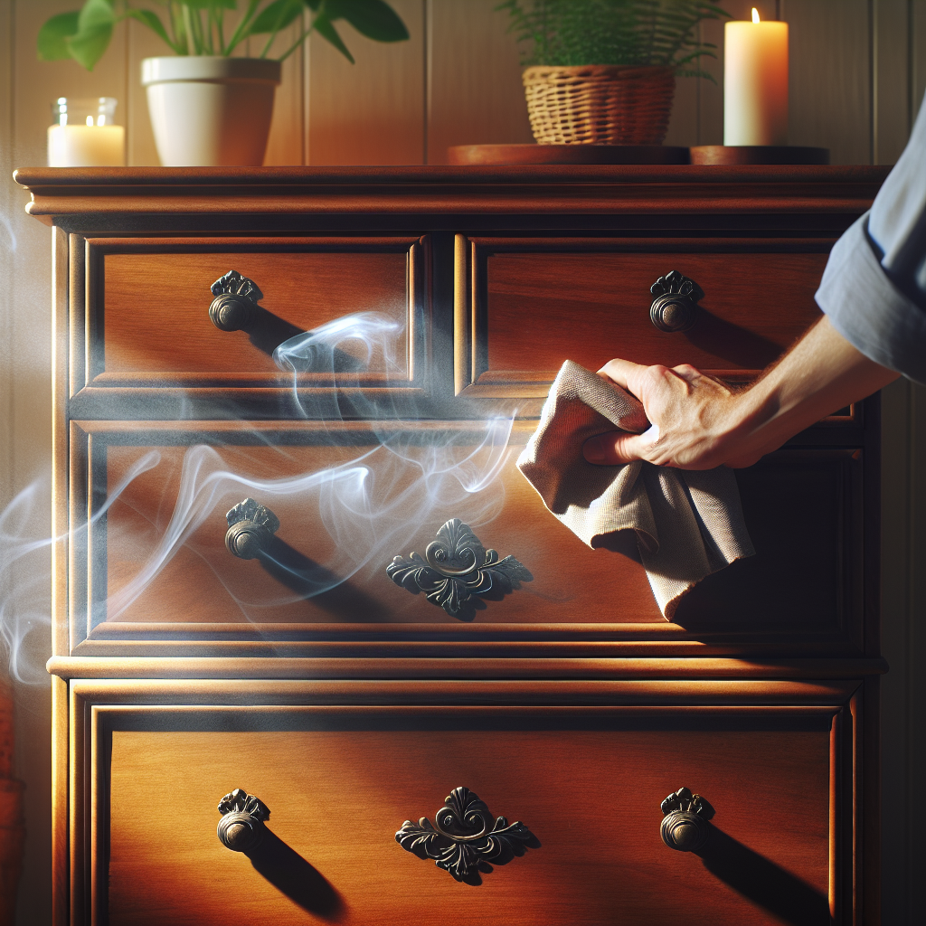 A beautiful antique wooden chest of drawers in a room, bathed in soft, natural light, where subtle visual cues suggest a lingering unpleasant smell, like faint, almost invisible smoke wisps around the furniture. A gentle hand is cleaning the wooden surface with a soft cloth, symbolizing purification and the process of removing deep-set odors. The overall mood is hopeful and restorative, with a clean aesthetic.