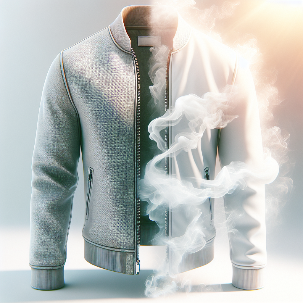 A stylish, modern jacket, half covered in a light, dissipating smoky haze, and the other half pristine, fresh, and vibrant. The transition between the smoky and clean half is clear and symbolic of odor removal. Bright, airy, and clean background. Photorealistic, soft natural light.