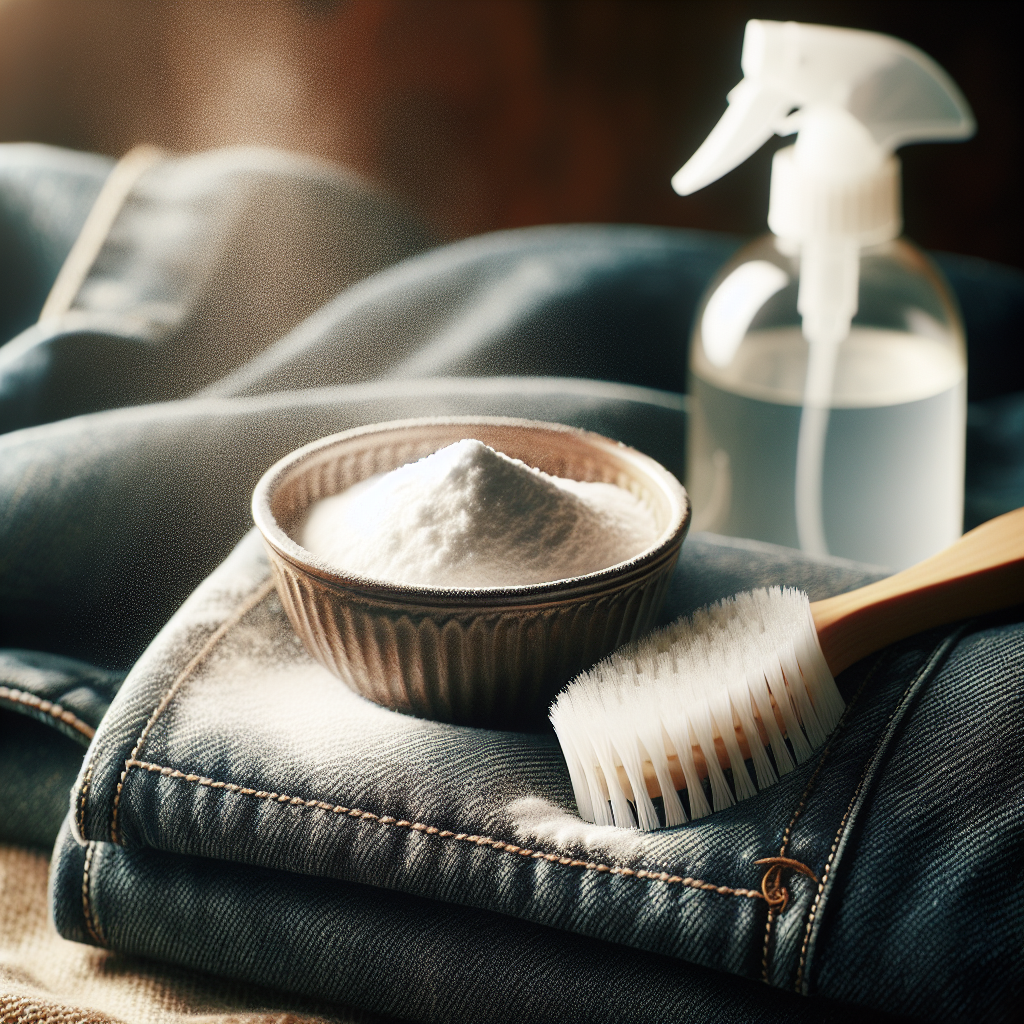 A close-up of a jacket's fabric texture (e.g., denim or wool), with a delicate dusting of white powder (like baking soda) on its surface. A small, elegant bowl of baking soda and a spray bottle (representing vinegar) are subtly blurred in the background, hinting at household remedies. Clean, warm, natural lighting. Highly detailed, aesthetic composition.
