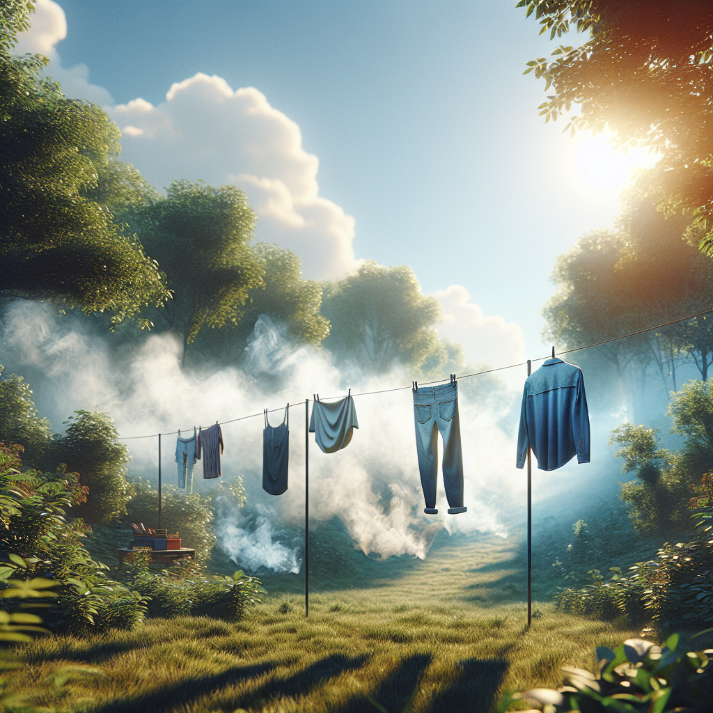 Smoke-laden clothes, such as a denim jacket and a cotton shirt, are hanging on a clothesline outdoors on a sunny day with a gentle breeze. The background shows a bright, clean sky and green foliage, symbolizing freshness and airing out. Realistic, high-quality photograph.